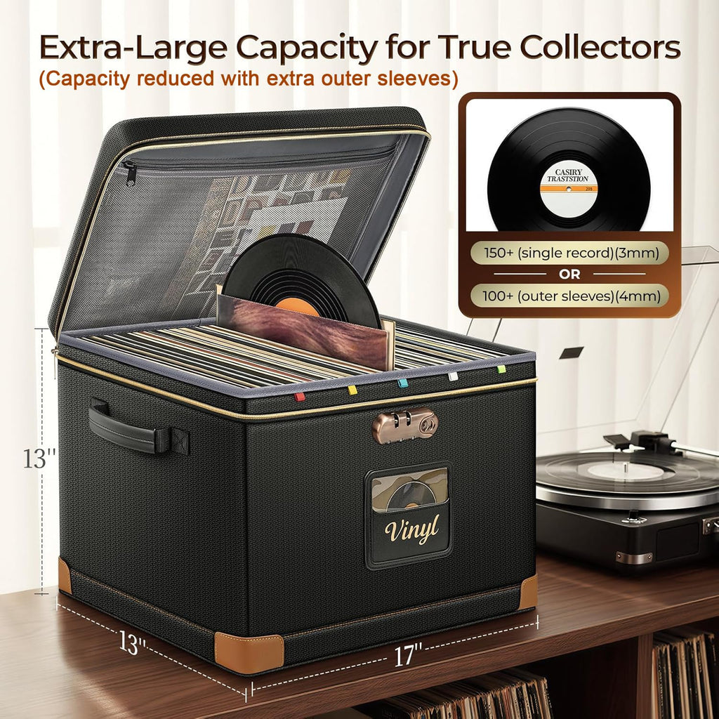 Vinyl Record Storage Box with Lock, Fireproof & Water-Resistant