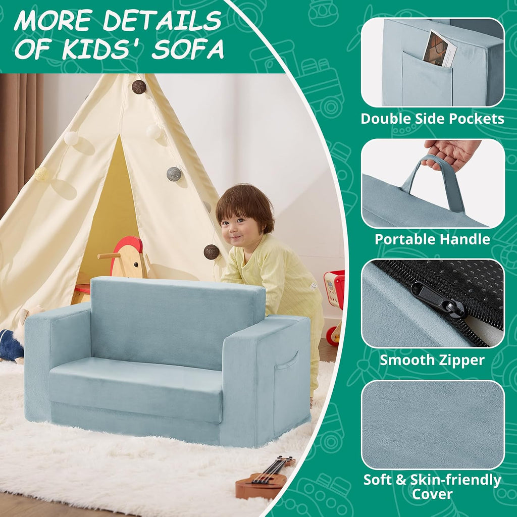 Toddler Couch Chair, Extra Wide Foldable Kids Chairs Comfy, Blue