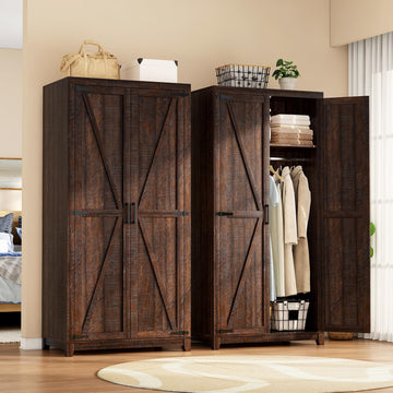 70" Farmhouse Wardrobe Closet Set of 2 with Hanging Rod & Barn Doors