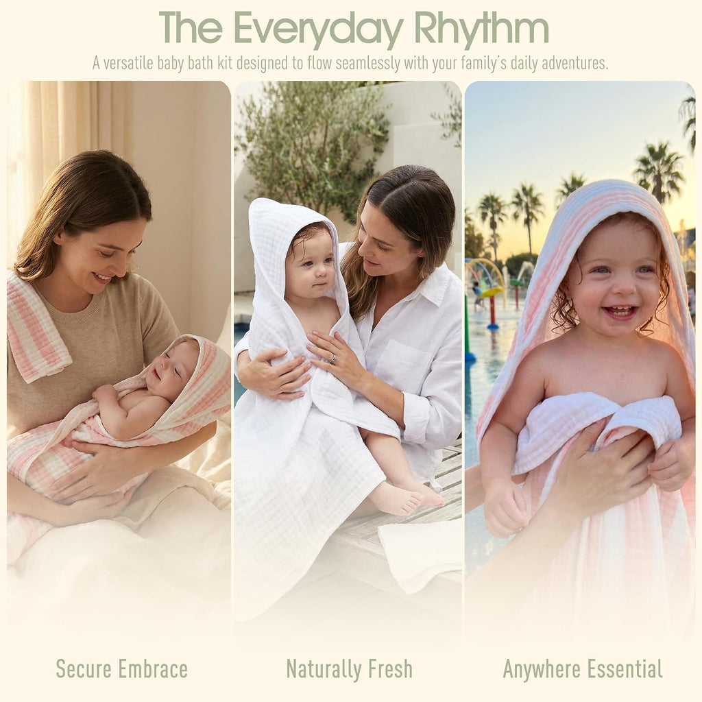 Organic Muslin Hooded Baby Bath Towel 4pc for Newborn - Pink Stripe