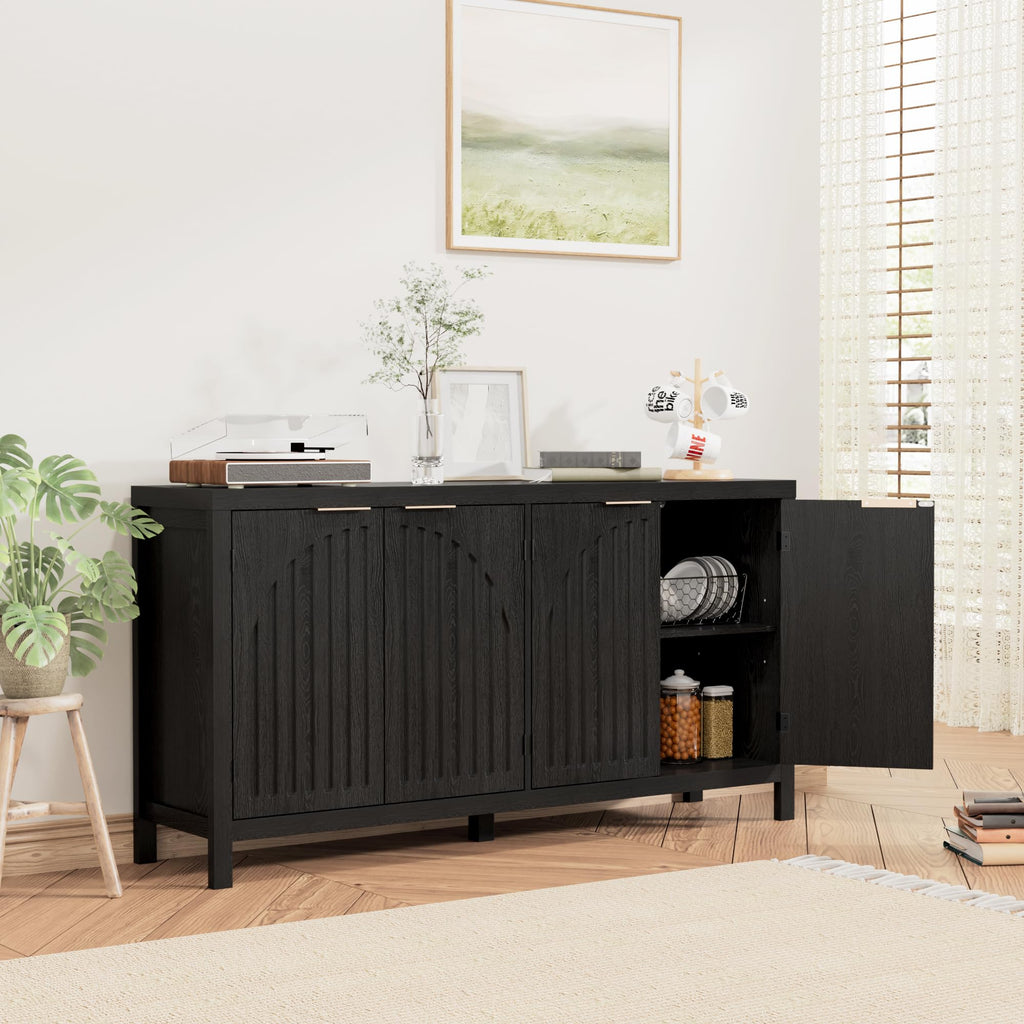 Fluted Sideboard Buffet Cabinet with Storage, 58" Mid Century Modern Accent Cabinet with Arch Doors, Large Wood Media