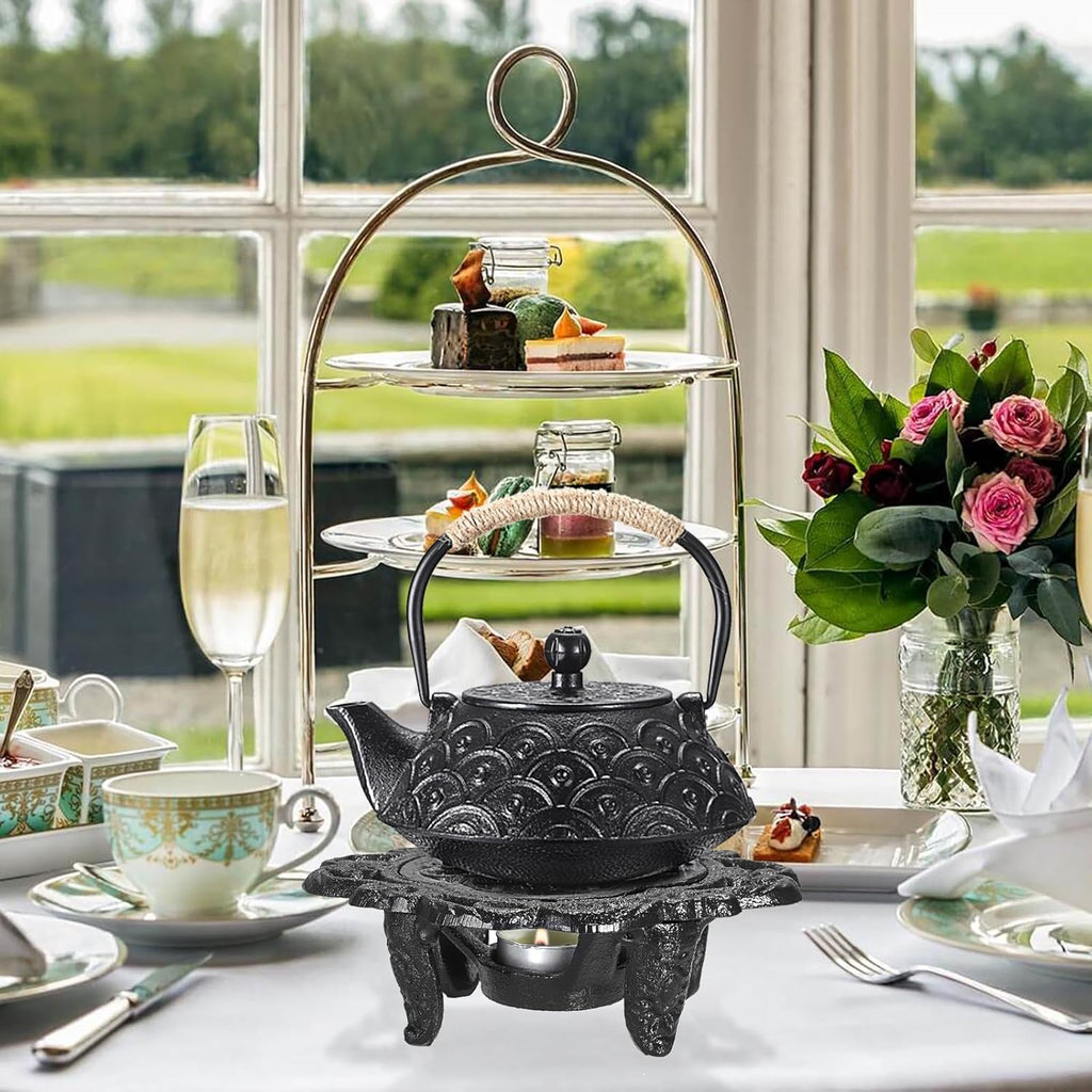 Cast Iron Teapot Warmer Dish Cups Heater Decorative Trivet with Tealight Holder - Rustic and Heavy Duty Tealight