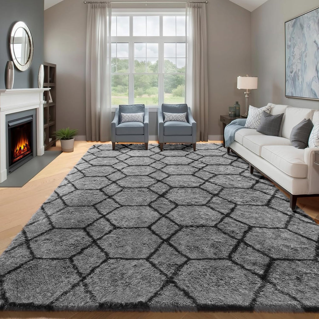 6x9 Area Rugs for Living Room Bedroom, Large Fluffy Grey and Black Throw Rug, Geometric Soft Plush Shaggy Fuzzy Floor
