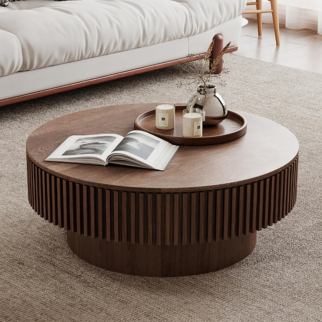 31.5'' Round Coffee Table with Storage, Modern Luxury Circle Drum Center Tables with Solid Wood Veneered, Accent Side