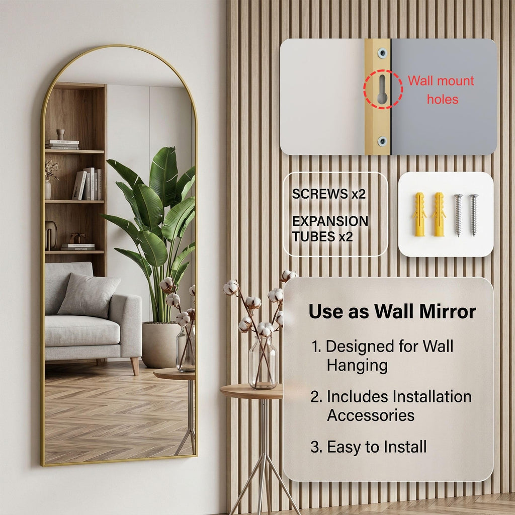 58"x20" Over The Door Mirror, Full Length Mirror with Stand, Gold