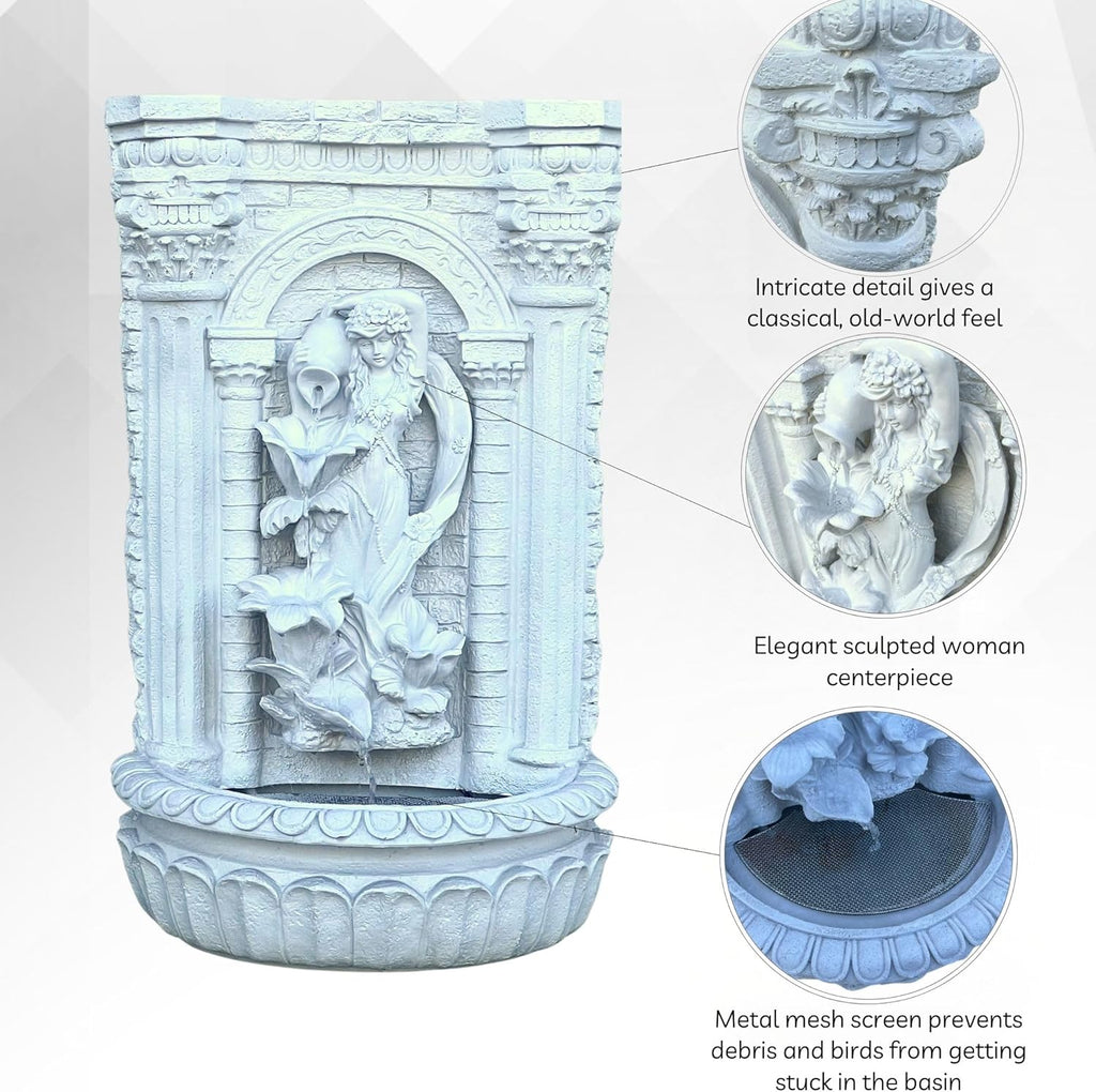 30.3" Solar-Powered Wall Mounted Water Fountain with Maiden & Floral Detail, Tiered Waterfall Design