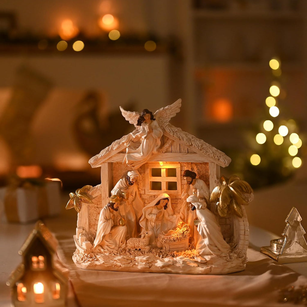 12.4" Christmas Nativity Set with LED Light, White Gold