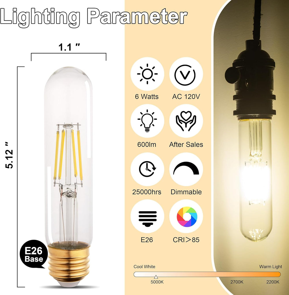 T10 Tubular Led Bulbs 60w Equivalent, Dimmable 5.25 Inch Led Tube Bulb, E26 T30 Edison Tubular Clear Light Bulbs
