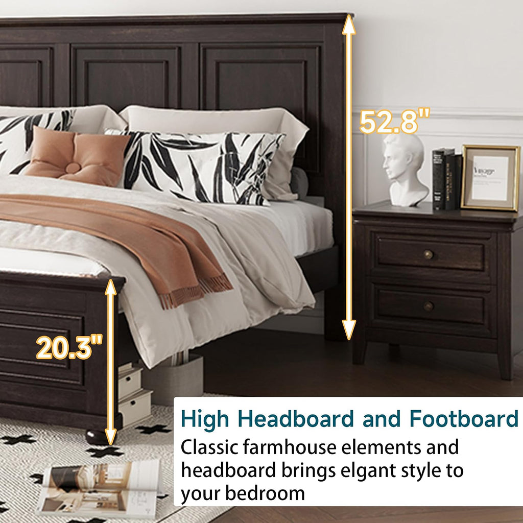 Farmhouse King Bed Frame with Tall Headboard, Wood Platform Bed and Footboard & Charging Station, Mid-Centery Rustic