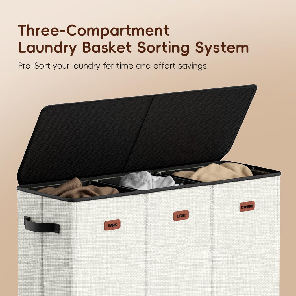 185L Triple Laundry Hamper with Lid, Dirty Clothes Hamper, Off-White