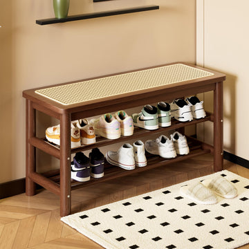 Bamboo Entryway Bench with Woven Rattan Seat, 2-Tier Shoe Storage Bench 31.5 inches Walnut