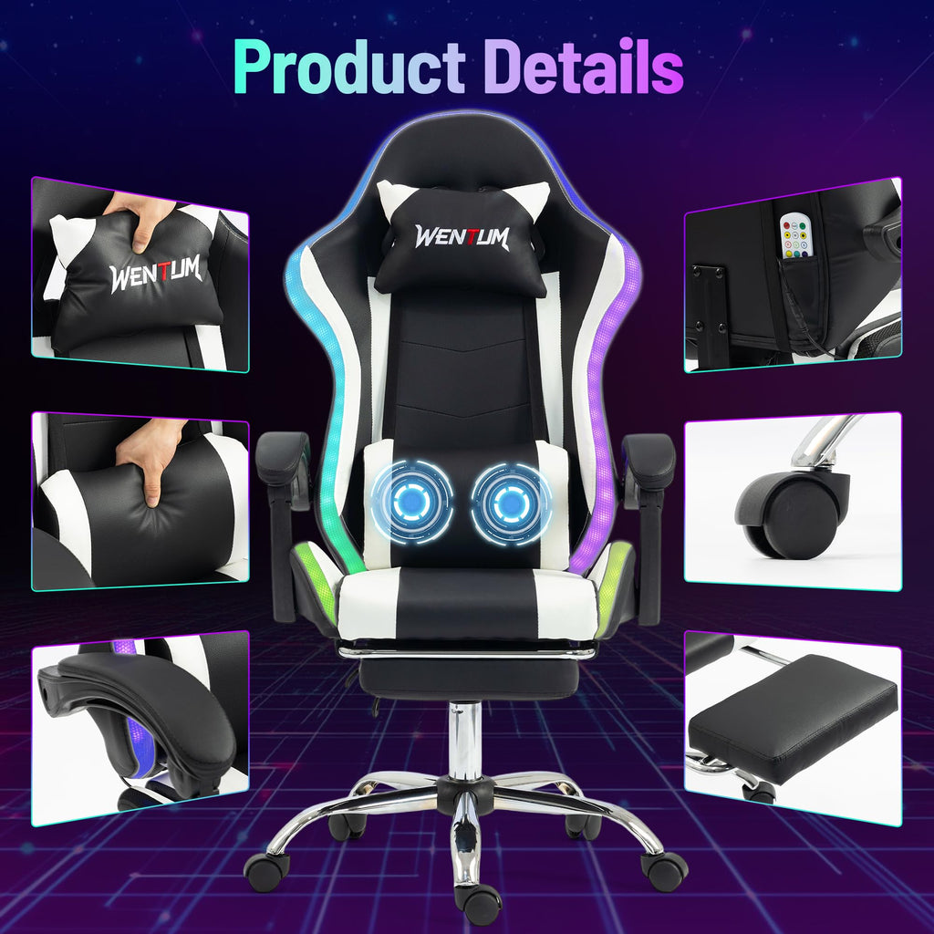 LED Lights Gaming Chair with Footrest, Black/White