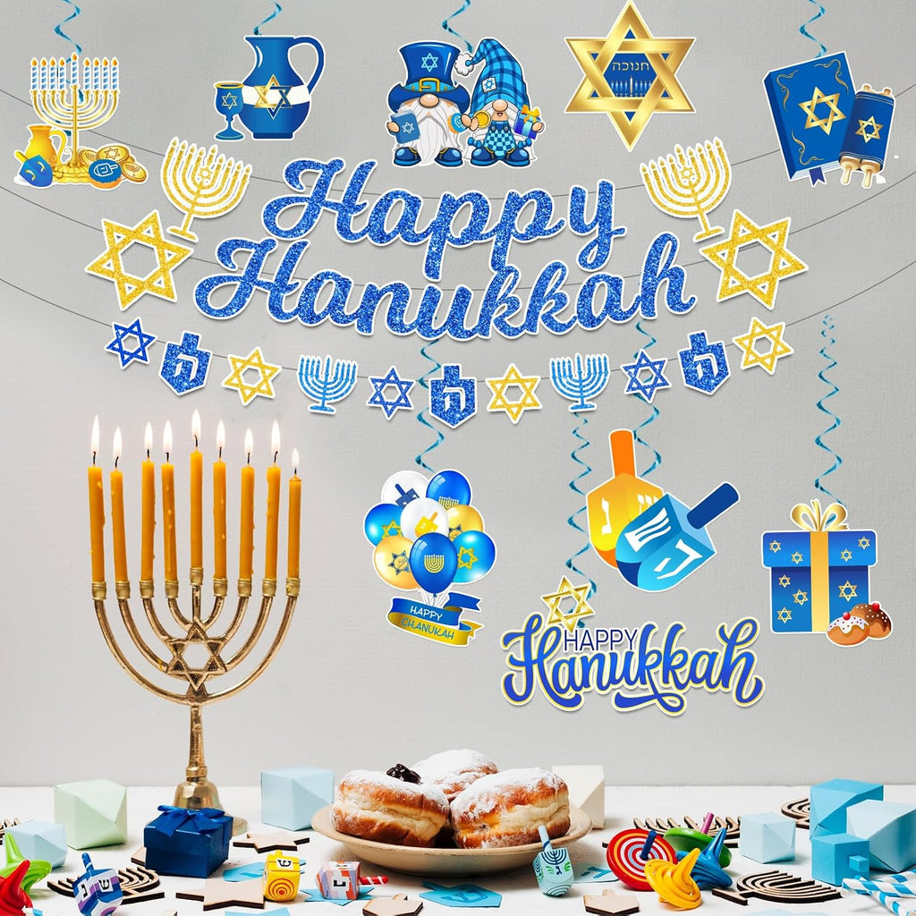 Hanukkah Decorations, Chanukah Party Decor includes Happy Hanukkah Banner Star of David Dreidel Garland and Hanging - Set of 15