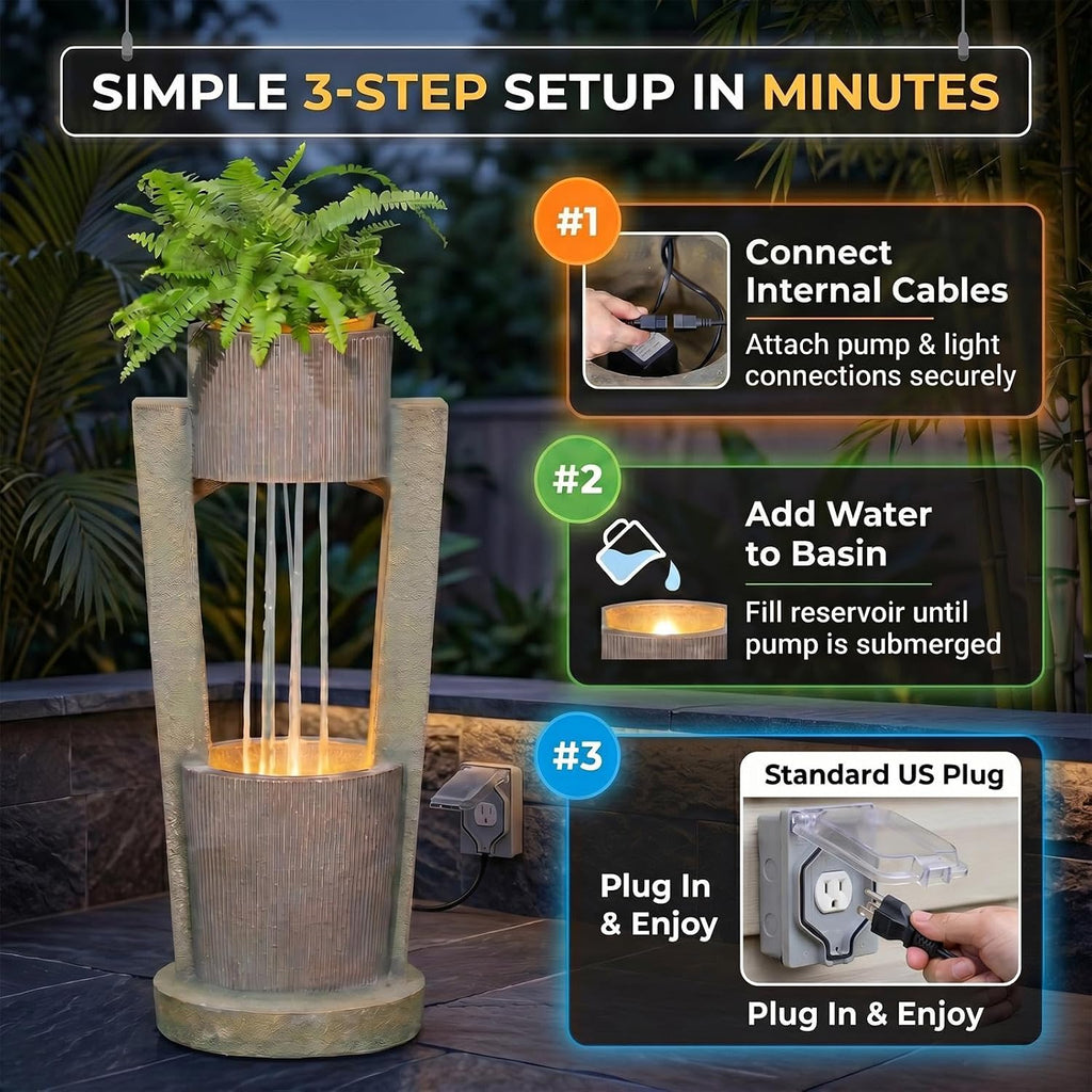 31H Realistic Rock Outdoor Water Fountain with LED Light | Cascading Rock Waterfall, Resin Material, Ideal Backyard