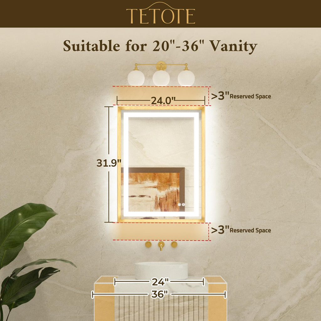24 x 32 Bathroom LED Mirror Brushed Gold Metal Frame Frontlit & Backlit Vanity Mirror Anti-Fog Stepless Dimmable 3