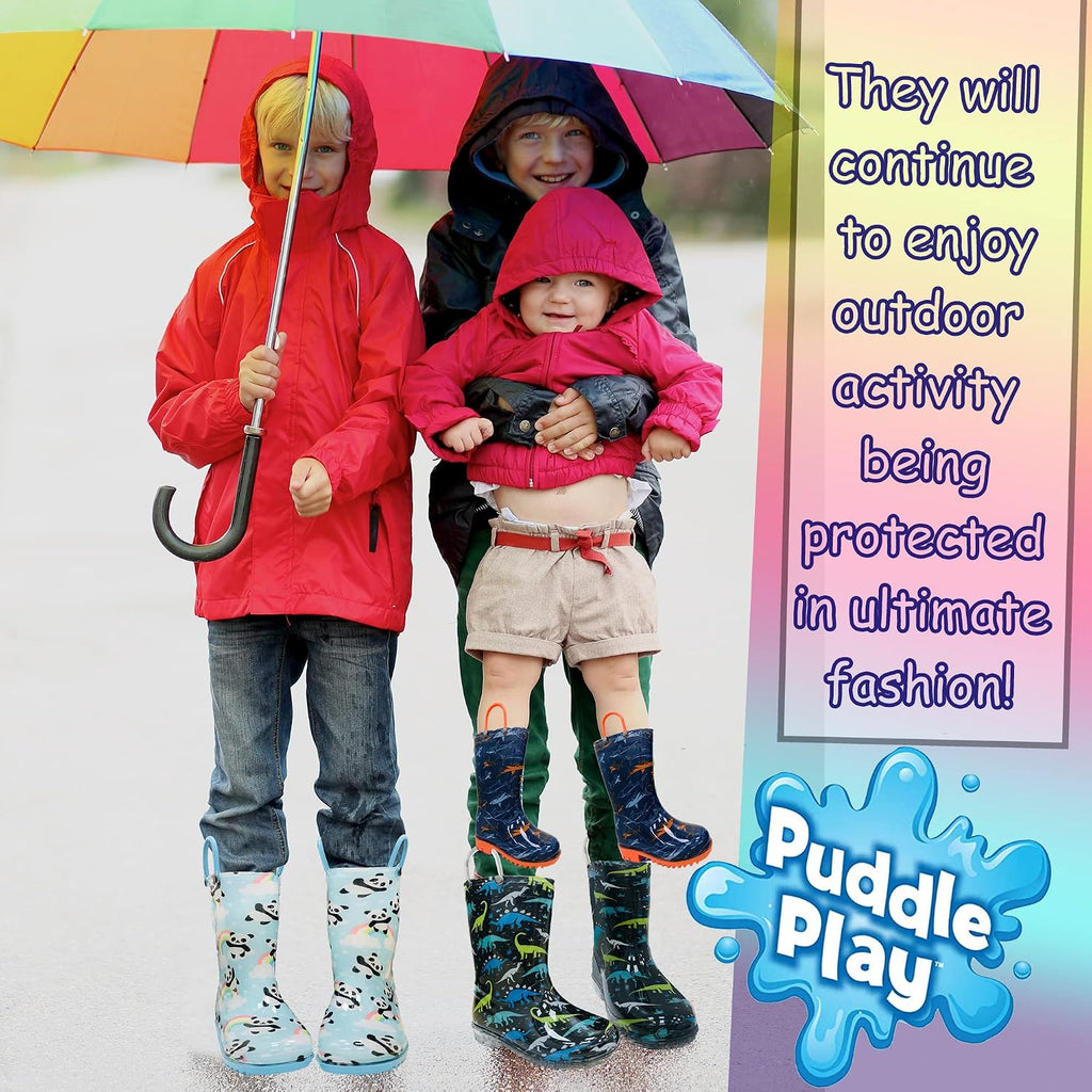 Toddler and Kids Waterproof PVC Rain Boots with Easy-On Handles - Lightweight Slip-Resistant Outdoor Boots for Boys