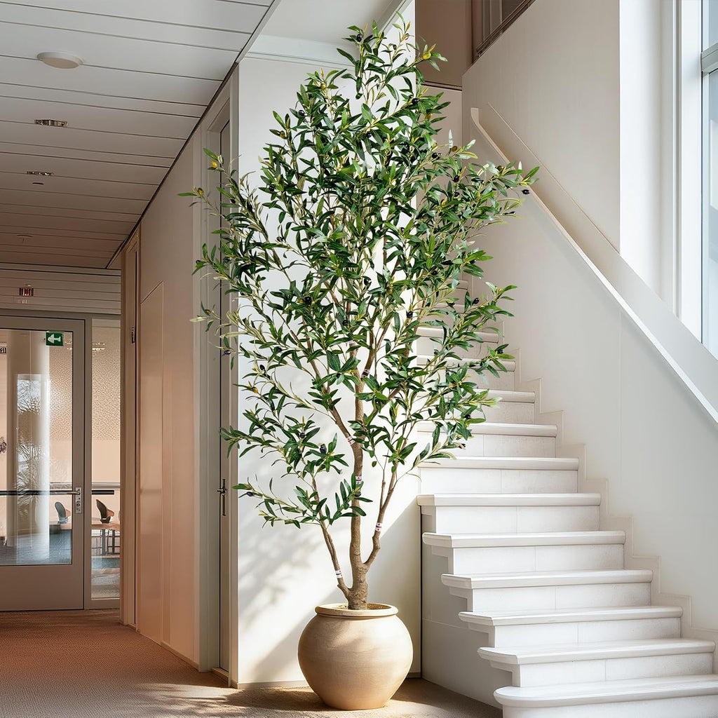 7ft Faux Olive Tree with White Pot & Moss, Artificial Olive Tree Indoor Outdoor, PE/PVC Leaves, Realistic Resin Trunk