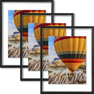 11x14 Black Aluminum Floating Picture Frame, 3 Pack | Display Any Size Photo Up to 11 by 14, Real Glass, Home Gallery