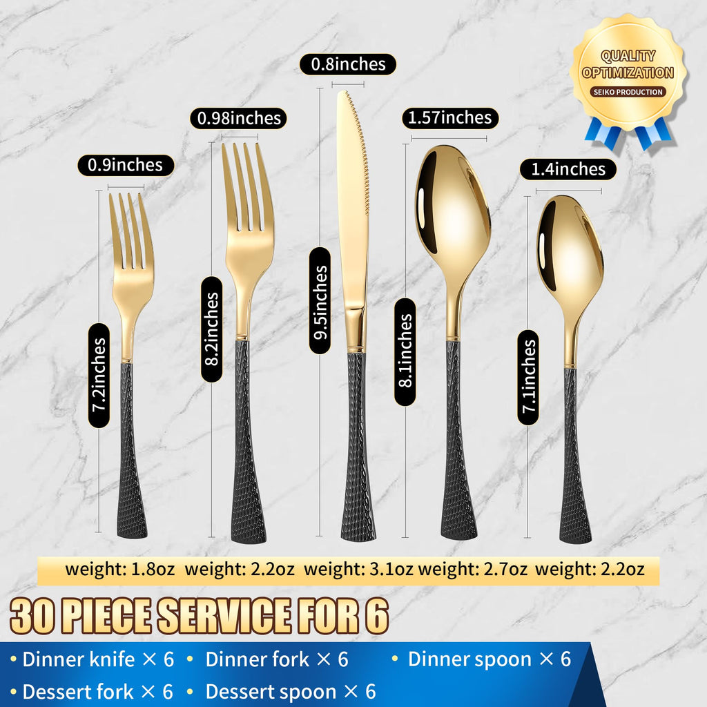 Hammered Black Gold Silverware Set,30 Piece Modern Flatware Set Service for 6,Mirror Polished Stainless Steel Cutlery