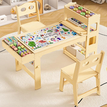 Kids Art Table and Chairs Set with Paper Roll and Storage, Wooden Craft Table with 2 Chairs, Kids Desk with Storage