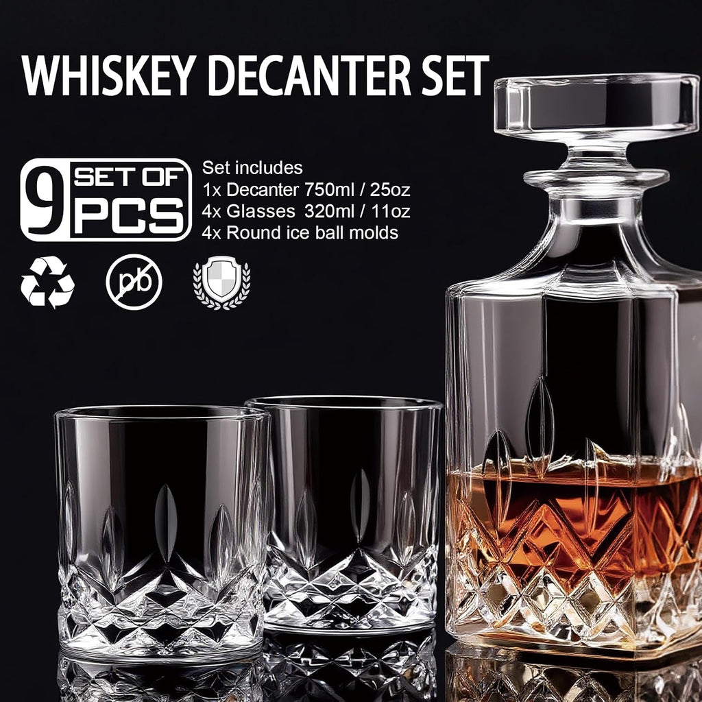 Whiskey Decanter Set for Men, 4*Crystal Whiskey Glasses(Get 4 Silicone Ice Mold Free), Lead-Free Decanter Set - Set of 9