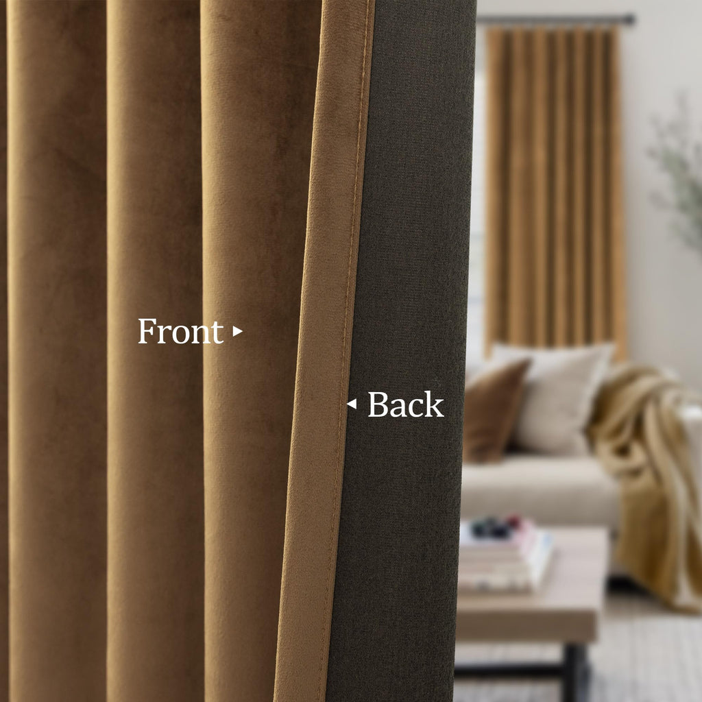 Gold Brown Velvet Curtains 108 Inch Long 2 Panel Sliding Door Insulating Soundproof Noise Reduction Drape Mid Century