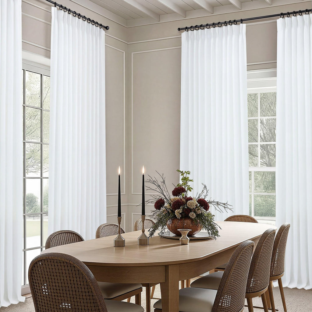 Pinch Pleated Linen White Curtains 108 Inches Long 70 Inch Wide Divider Light Filtering Thick Sheer Patio Curtains