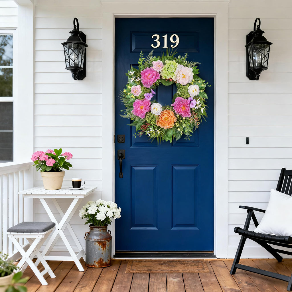 24 Inch Spring Summer Wreaths for Front Door: Realistic Silk Peonies & Hydrangeas with Berry Greenery, Faux Flower