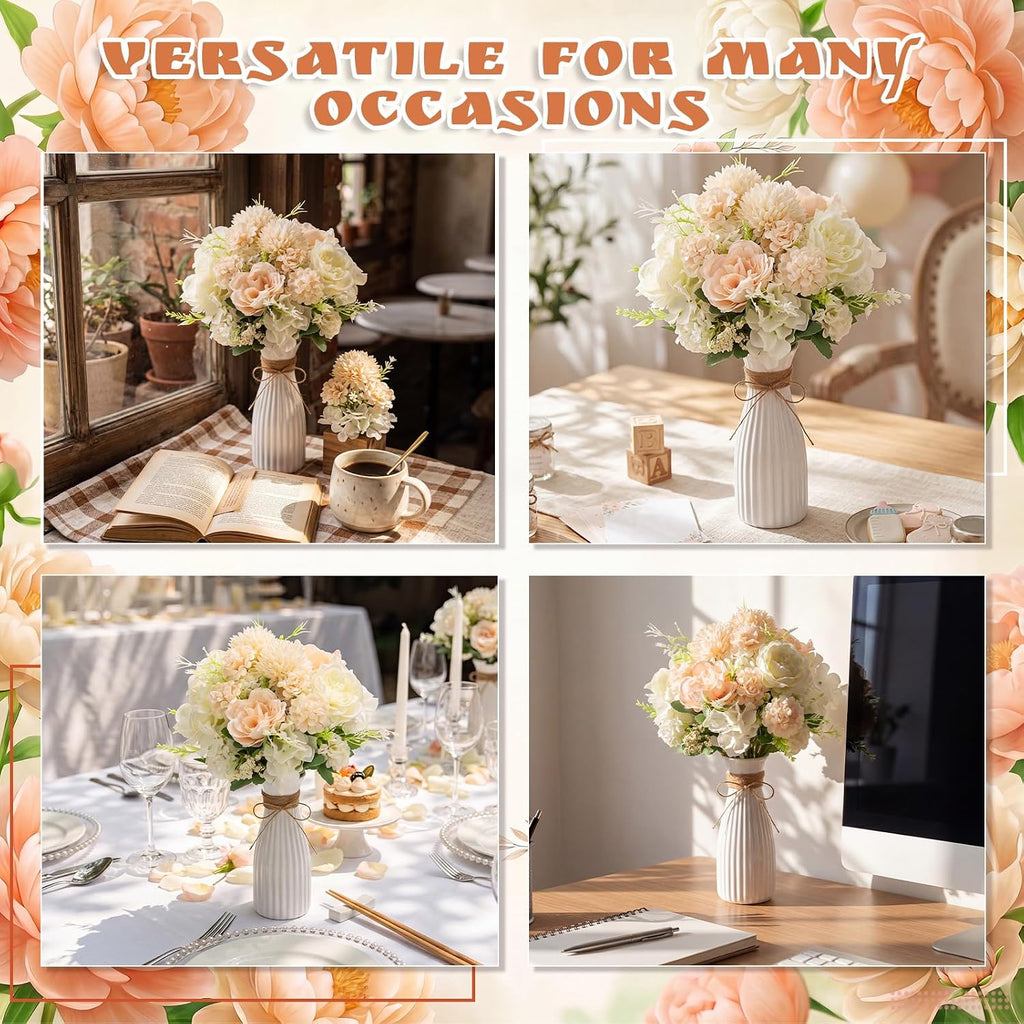 Set Artificial Hydrangea Peony Flowers with Vase, Champagne - Set of 12