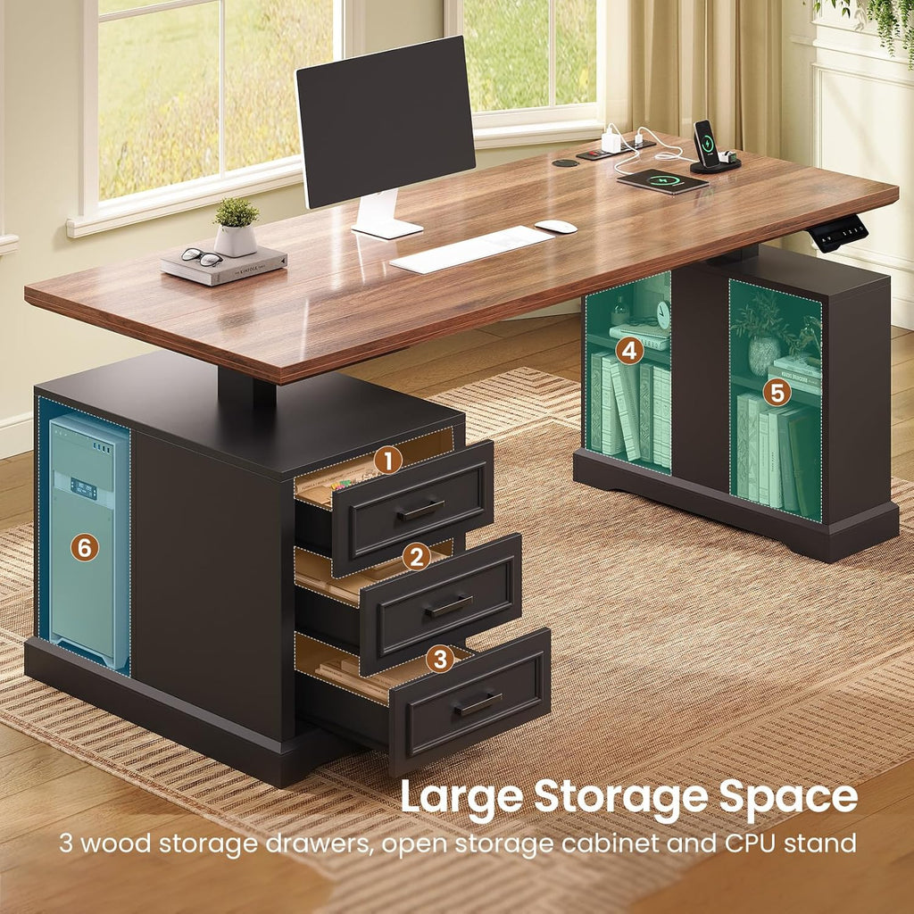 63" Farmhouse Electric Standing Desk with 3 Drawers, Storage Shelves | Height Adjustable Computer Desk with Power