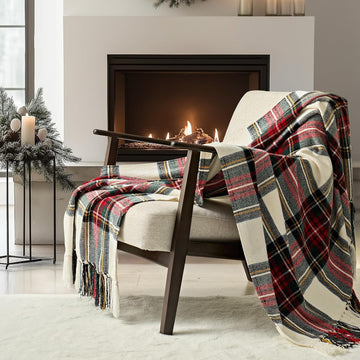 Chenille Christmas Throw Blanket, 60"x80", White Stewart Plaid