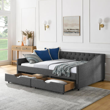 Wood Full Size Daybed, Day Bed Frame with 2 Storage Drawers, Upholstered Full Bed Frame Sofa Bed with Button and