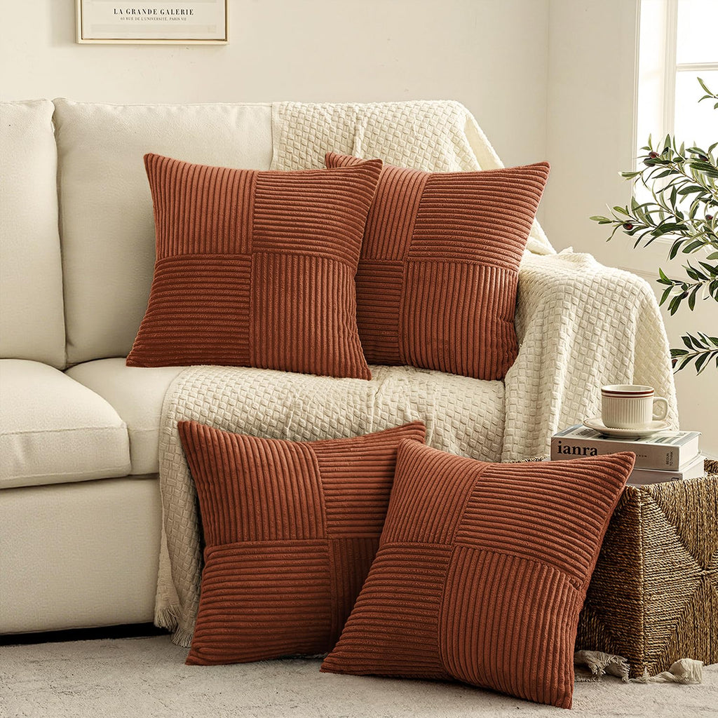 Fall Boho Farmhouse Rust Decorative Throw Pillow Covers 20x20 Inch 4 Packs Soft Vintage Pillow Cases Modern Corduroy
