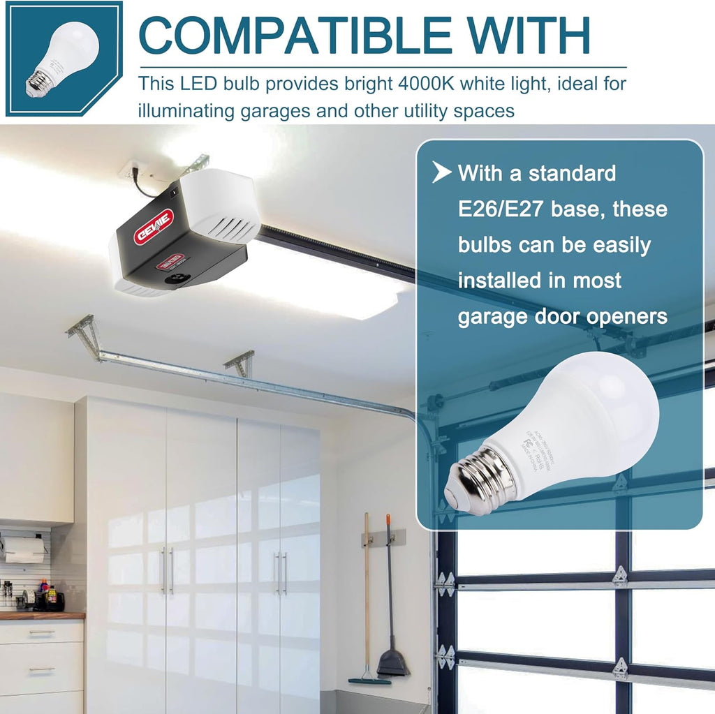 2 Pack 9W 800LM 4000K Garage Door Opener LED Light Bulbs A19 E26 Base White
