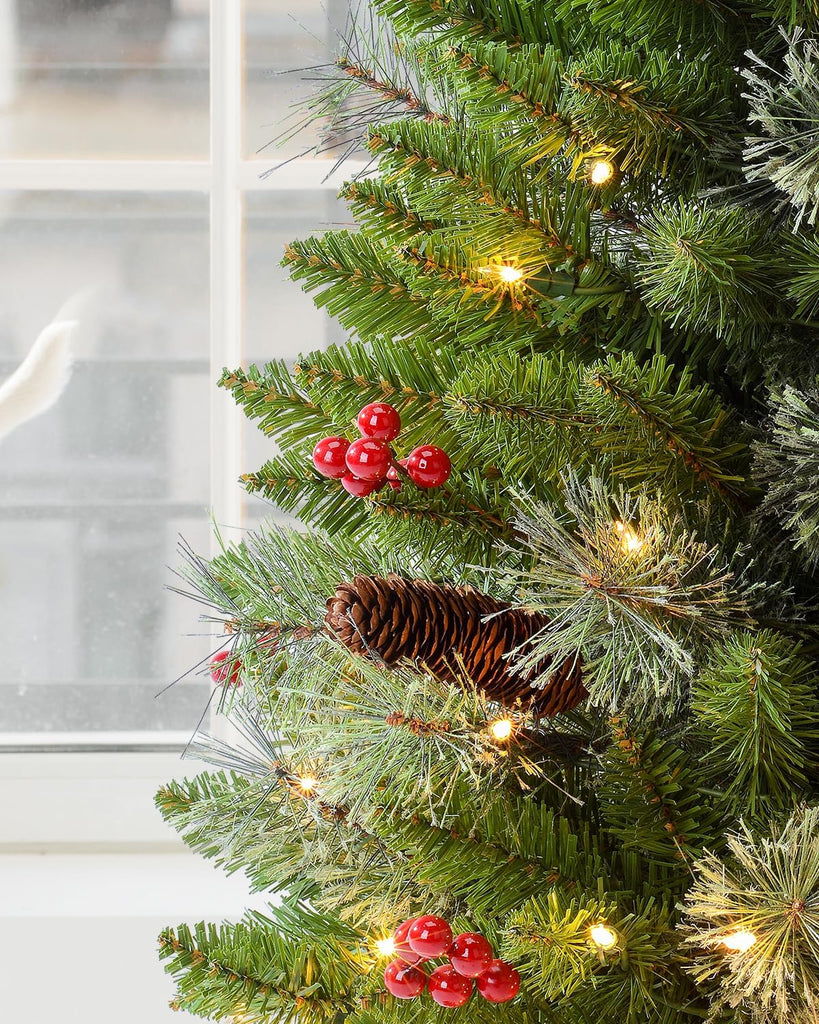 3ft Pre-lit Artificial Christmas Tree with 70 Warm White Lights, Flocked with 12 PineCones,12 Red Berries Green