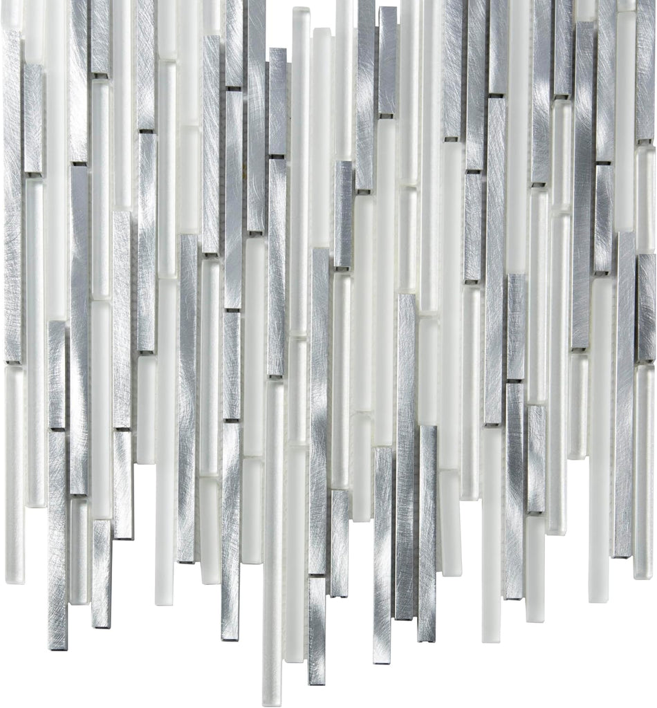 Linear Mosaic Glass & Metal Tile White & Silver 11.8x11.8 4.83 sq ft 5pk | Mesh-backed sheets. Kitchen backsplash