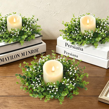 Mini Boxwood Wreath Green Candle Ring Wreaths, Style-03 - Set of 4