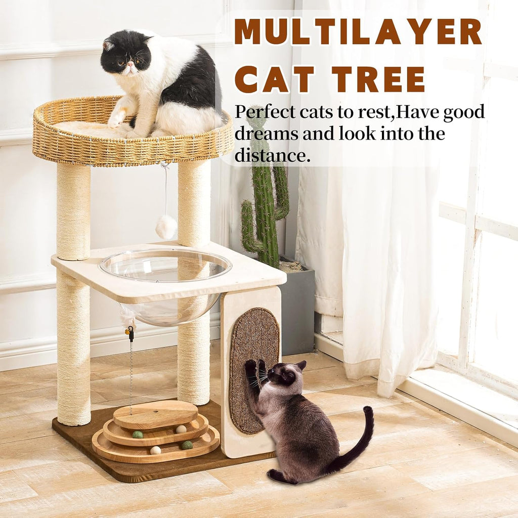 Modern Cat Tree for Indoor Cats, 30 in Cat Tower with Basket Bed
