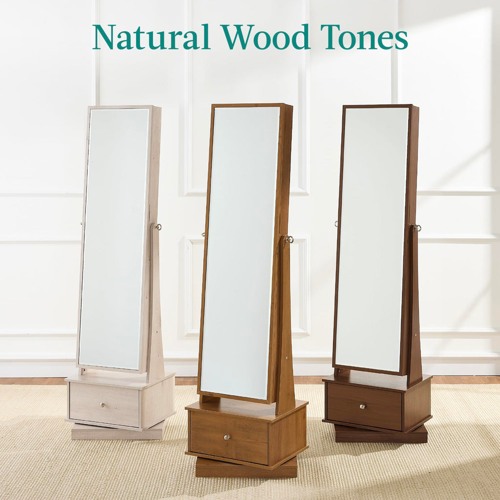360 Swivel Mirrored Jewelry Cabinet, Standing Armoire, Makeup Storage Organizer, w/LED-lit Mirror, 3 Shelves - White