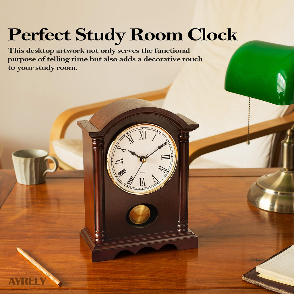 Classic Grandfather Mantel Clock Déco, Elegant Wooden Finish, Gold-Tone Pendulum, Desk Clock, Farmhouse Décor