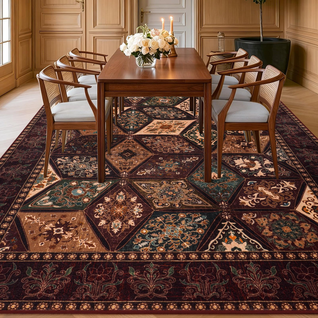 Vintage Rug, Washable Distressed Patchwork Rug, Brown