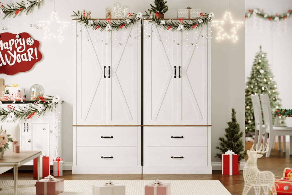 Kitchen Pantry Cabinet, Farmhouse Storage Cabinet with Barn Doors, Drawers and Adjustable Shelves, Versatile Storage