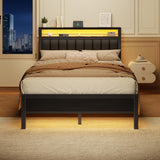 Full Bed Frame with Charging Station and LED Lights, Platform Bed with Metal Slats