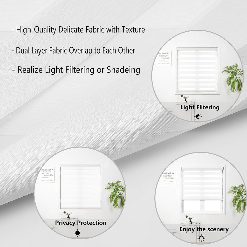 Cordless Zebra Blinds for Windows, Free-Stop Pull Down Roller Window Shades with Valance, Light Filtering Dual Layers