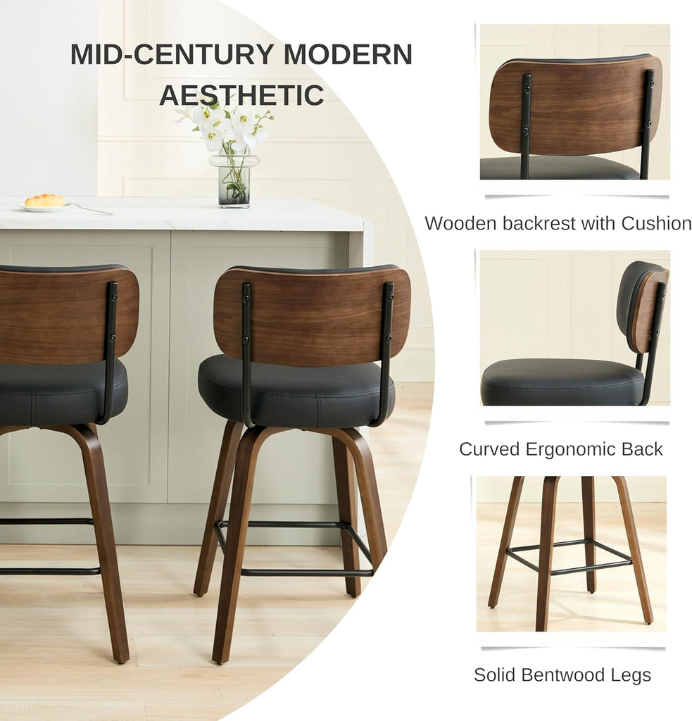 Swivel Bar Stools Set of 3, 26" Upholstered Counter Height Bar Stools with Back and Walnut Wood Legs, Faux Leather