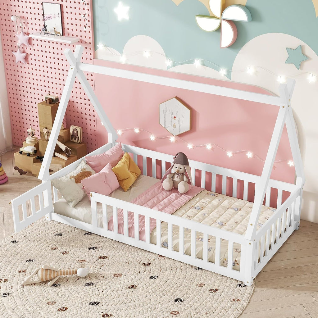 Floor Bed for Kids Tent-Shaped Montessori Floor Bed with Slats and Guardrails Wood Teepee Bed Frame