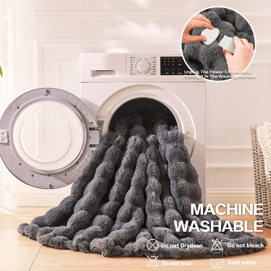 Heated Blanket Electric Faux Rabbit Fur Bubble Heating Blanket Throw Blanket 50"x60", 10 Heat Settings, 8 Hour Auto
