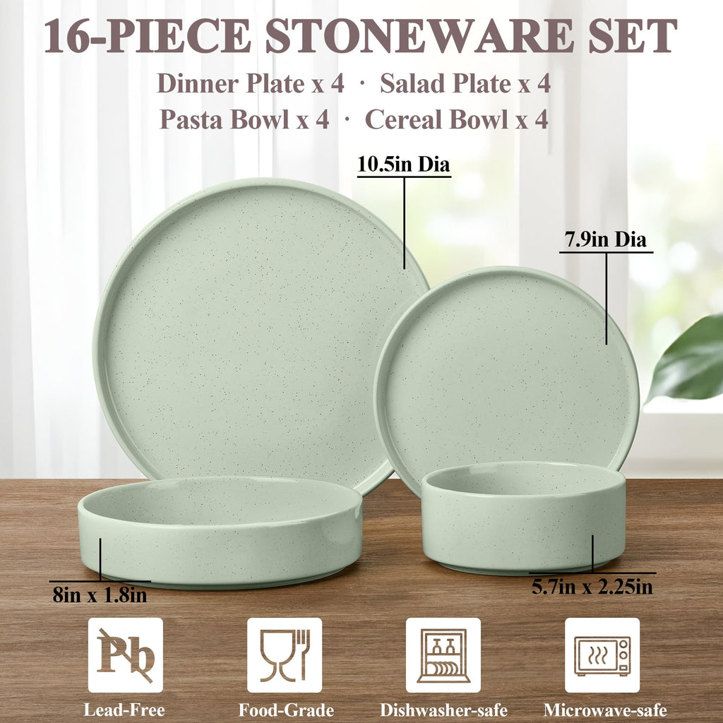 16 Piece Plates and Bowls Set, Porcelain Dinnerware Sets with Pasta Bowls, Kitchen Dinner Ware Dishes Service for 4