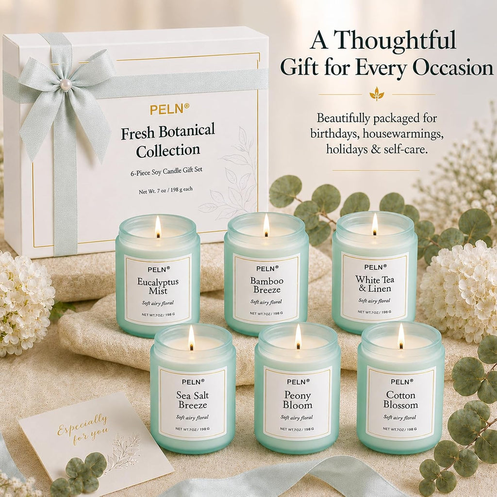 Scented Candles Gift Set, 6-Pack 7 oz Soy Candles, Fresh Botanical Scents | Eucalyptus, White Tea, Sea Salt & Peony.