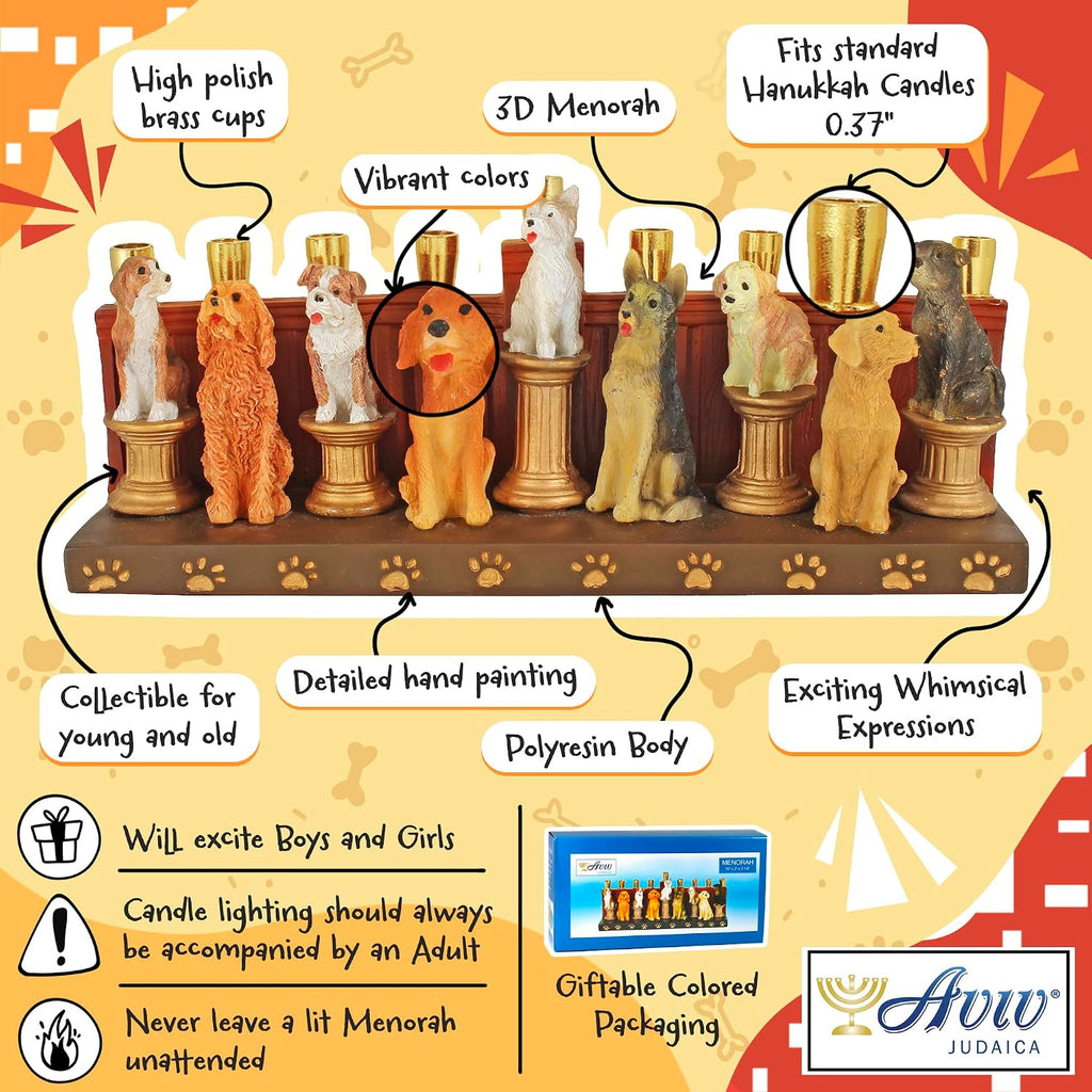 Hanukka Dogs & Puppies Themed Quality Earthenware Candle Holder Menorahs for Kids Adults Functional Collectible 3D